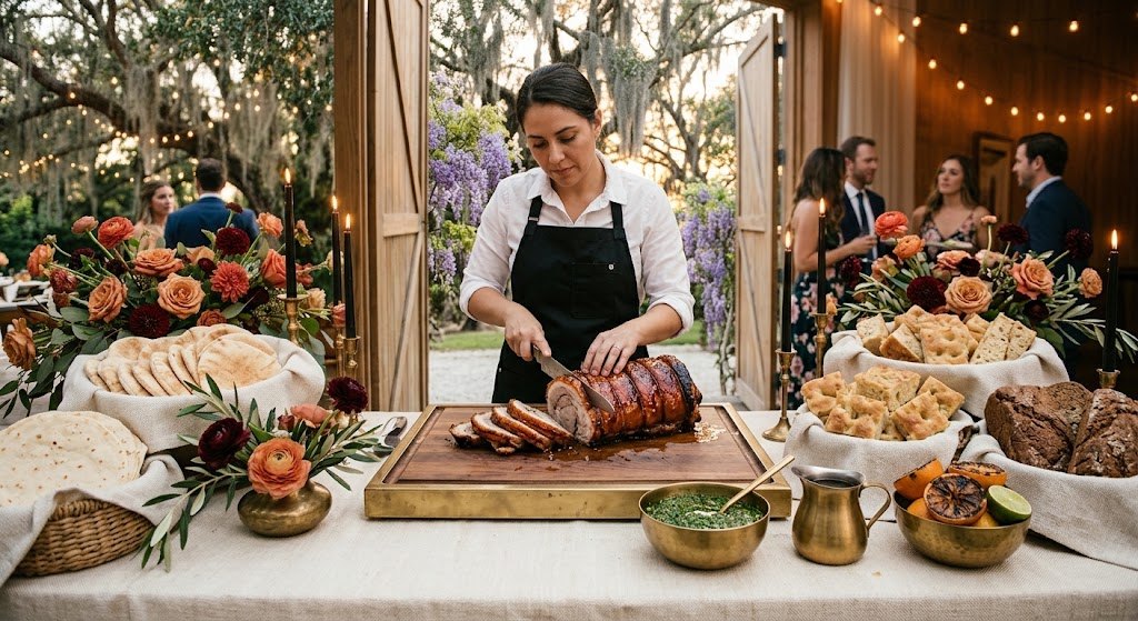 A carver slicing a rolled, glazed porchetta on a brass-trimmed board, with chimichurri, jus, charred citrus and baskets of pita, tortillas, focaccia and soda bread