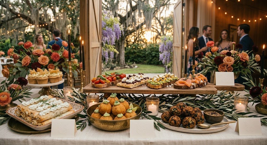 A cocktail-hour grazing table with spanakopita flautas, arancini, colcannon croquettes and a board of four bruschette, under string lights with wisteria beyond the doors