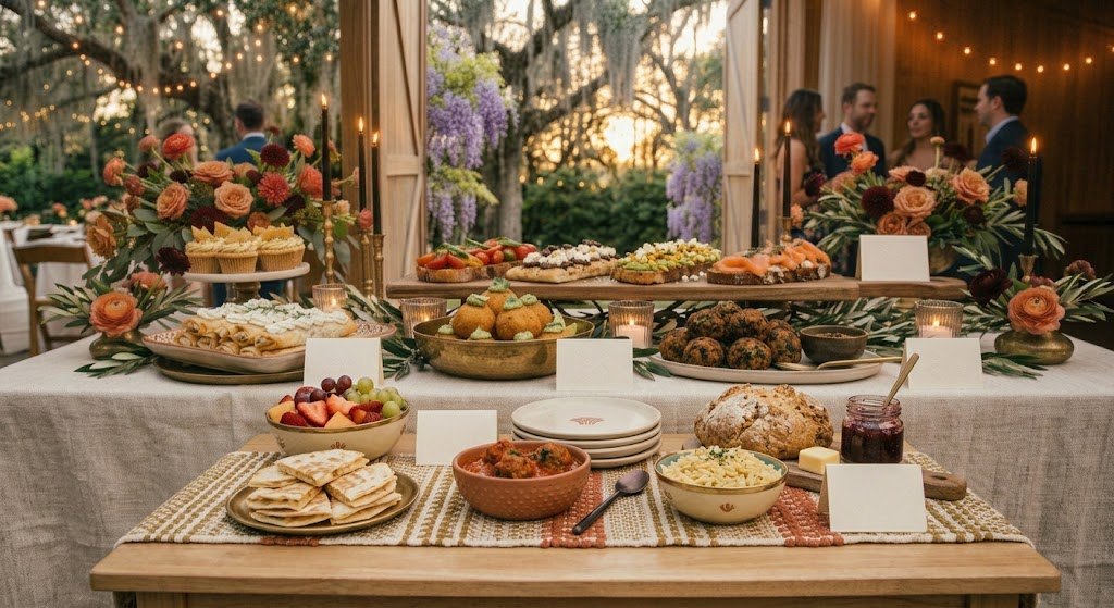 A small lower table for children with quesadilla wedges, mini meatballs in marinara, buttered orzo, soda bread with butter and jam, and a bowl of fruit