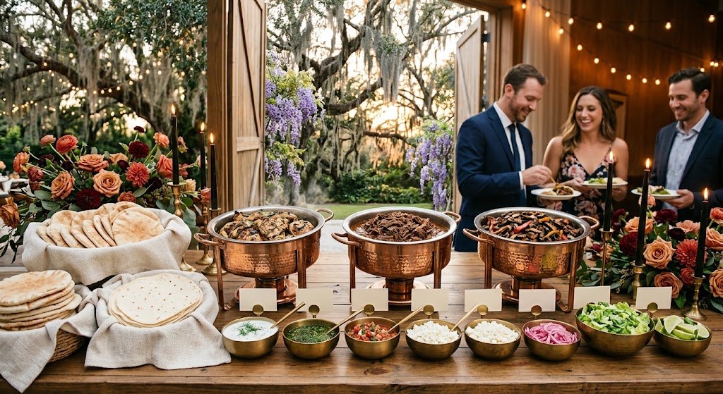 A wrap bar with warm pita and tortillas, three chafers of chicken, shredded beef and mushroom carnitas, and a row of brass bowls of toppings